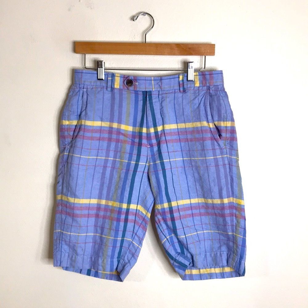 Brooks Brothers Men's Plaid Linen Cotton Bermuda Shorts Blue Size 30